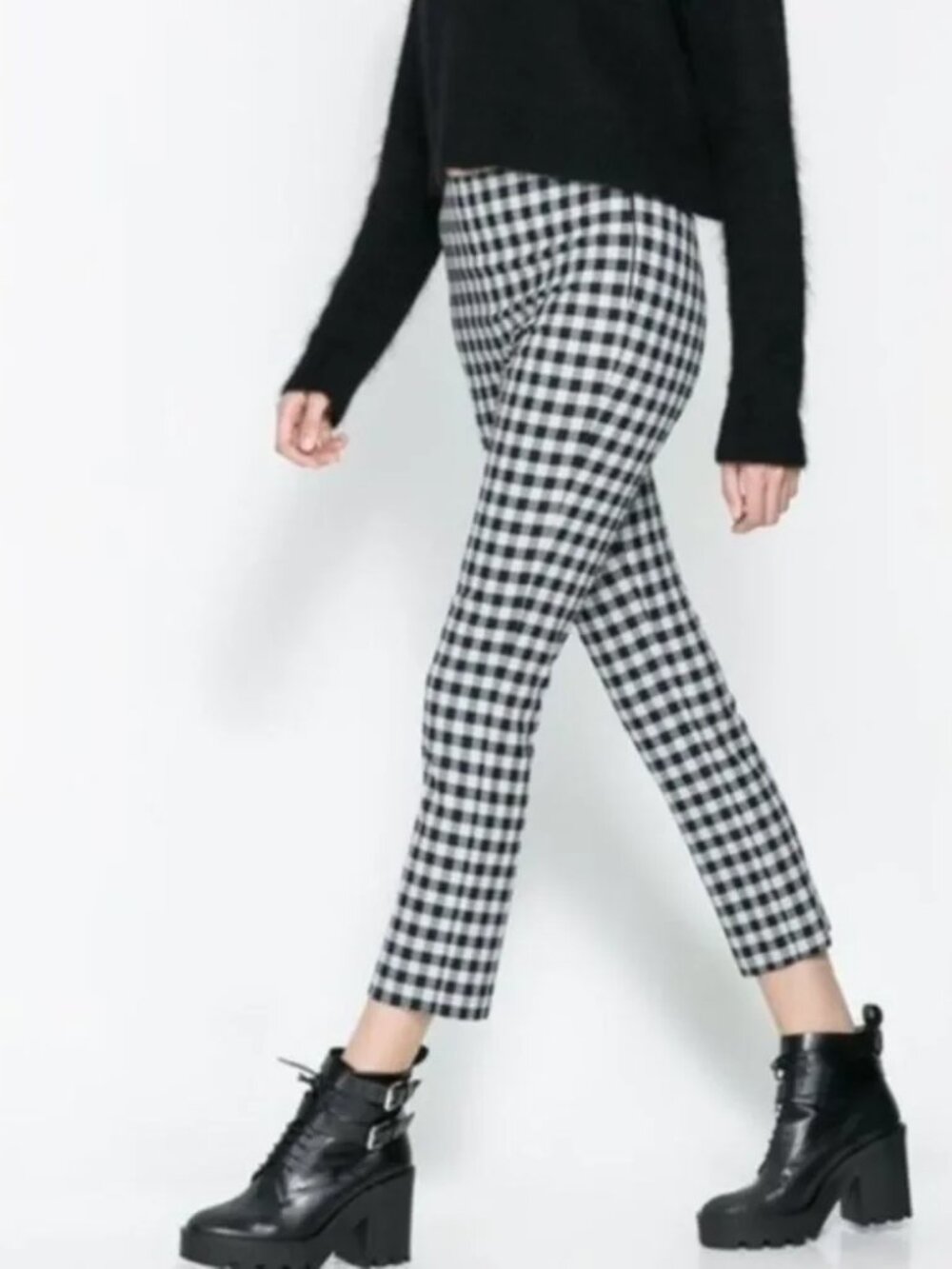 NWT Zara black, white checkered stretch leggings with side zip - Activewear Y2K